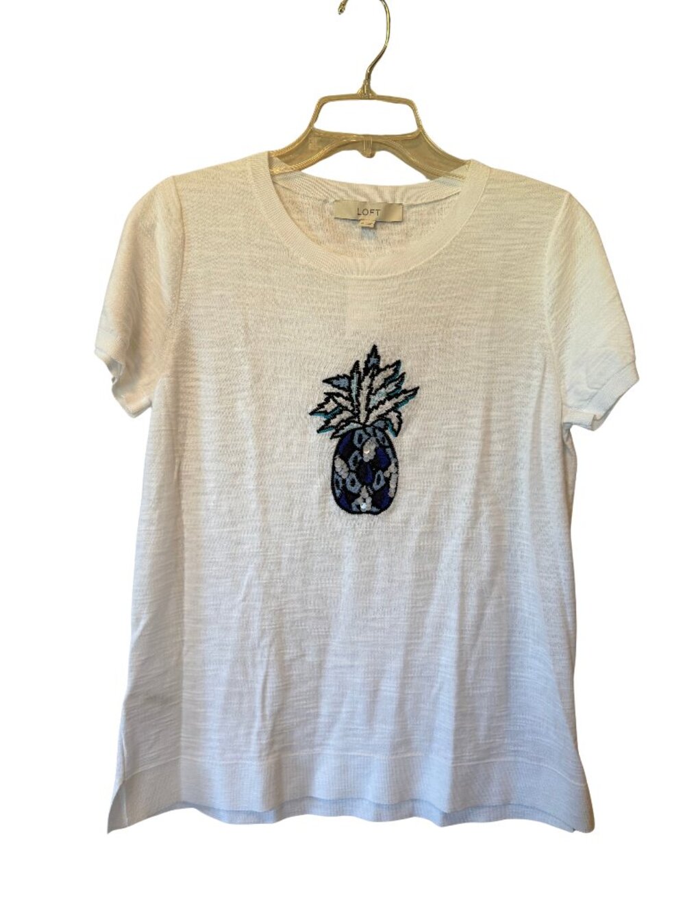 Loft Short Sleeve Sweater Top with Embroidered Pineapple Size M
